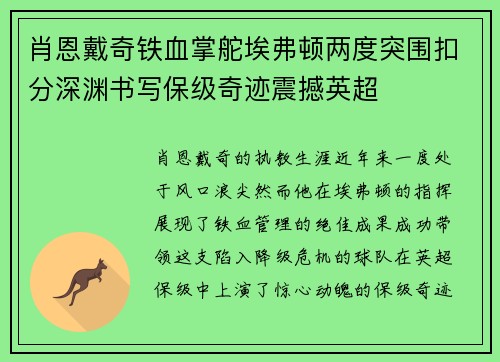 肖恩戴奇铁血掌舵埃弗顿两度突围扣分深渊书写保级奇迹震撼英超 肖恩戴奇铁血掌舵埃弗顿两度突围扣分深渊书写保级奇迹震撼英超